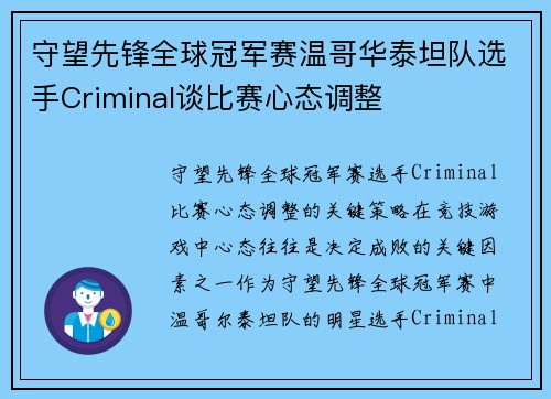 守望先锋全球冠军赛温哥华泰坦队选手Criminal谈比赛心态调整