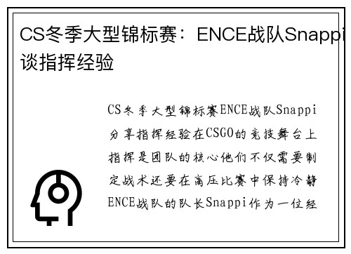 CS冬季大型锦标赛：ENCE战队Snappi谈指挥经验